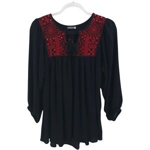 Earthbound Trading Co Rayon Puff Sleeve Geometric Blouse Top Womens Small